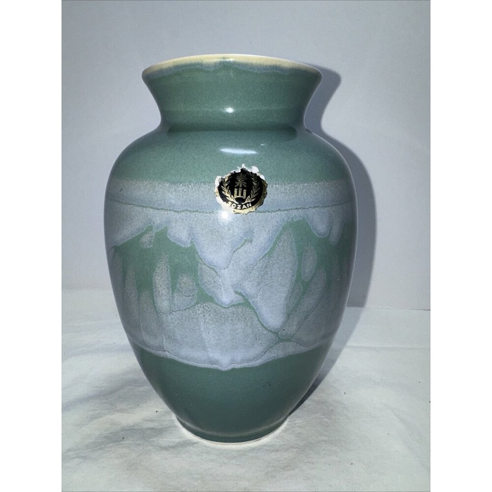 Contemporary Sozan Green Blue Celadon Vase Mountain Scene